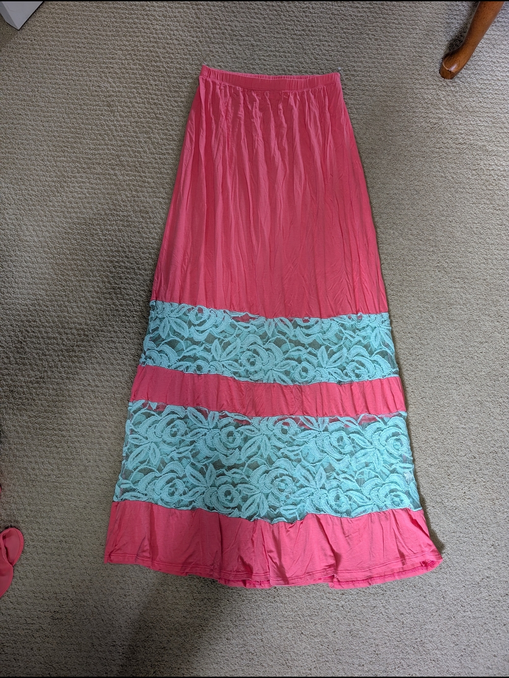 Coveted Clothing Pink Maxi Skirt with Turquoise Lace Bands